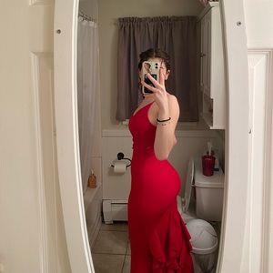 Long red spaghetti strap dress